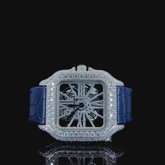 vvs moissanite skeleton cartier blue leather strap